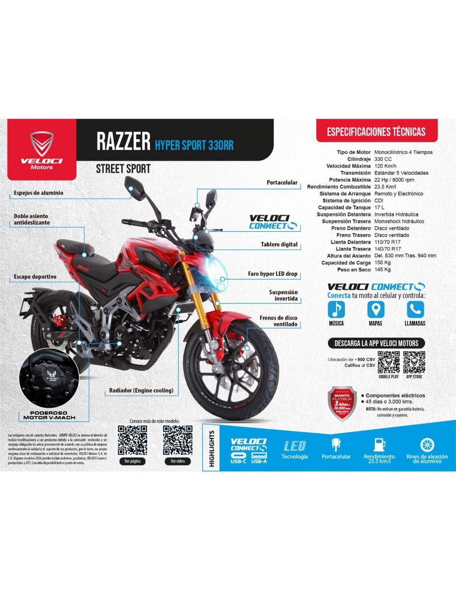 Motocicleta Street Sport Vel 2027 Razzer Hyper 330cc Rojo 2027 2